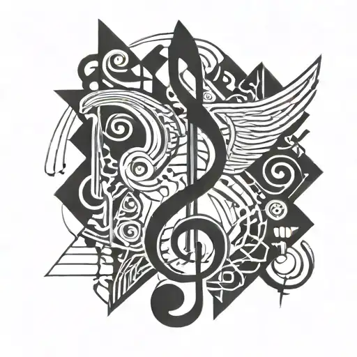 A Geometric Tribal Design Incorporating Musical Notes And Symbols