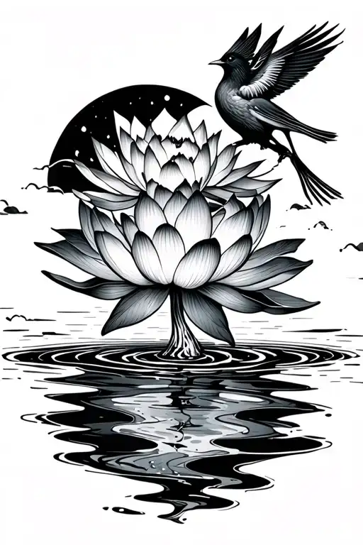 Lotus On Top Of Water Ripples And Nightshades Accordingly With A Nightengale Bird