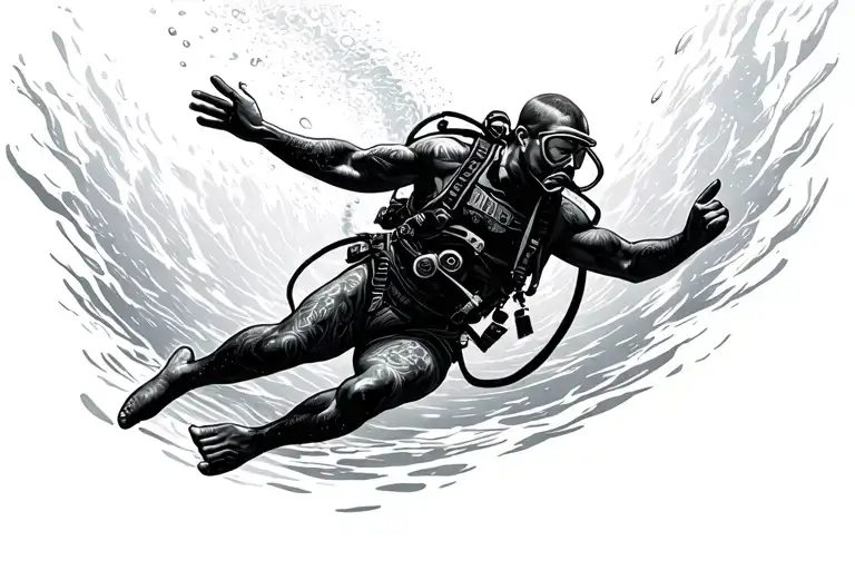 Full-fledged Swimming Alpha Man Scuba Diver In The Deep Ocean And Full Body