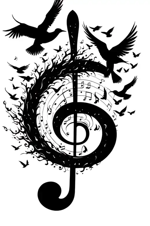 A Surreal Scene Of A Music Note Transforming Into A Flock Of Birds