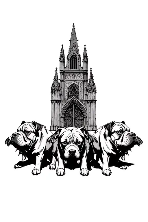 I Want A Gothic Cerberus Three Headed Dog With Huge Gothic Cathedral Style Gates In The Background