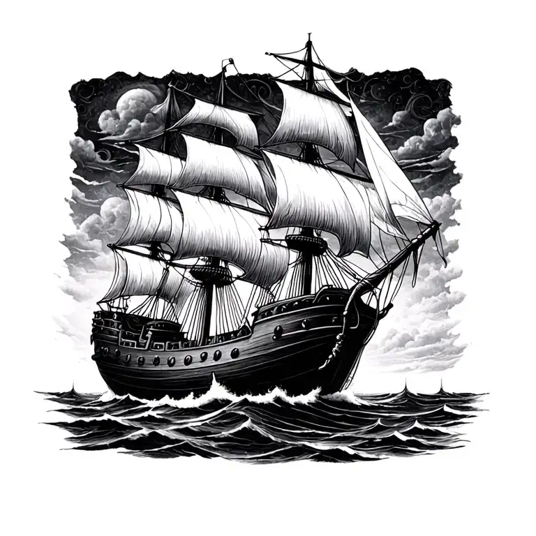 Tiny Black Pearl Ship Sailing Black And White Drawing