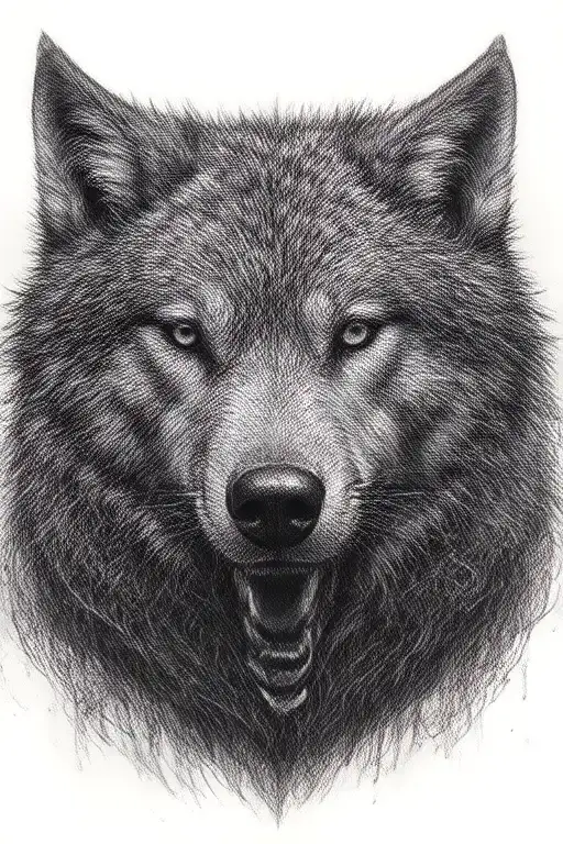 Growling Wolf Face And Realistic Rocky Mountains Inside