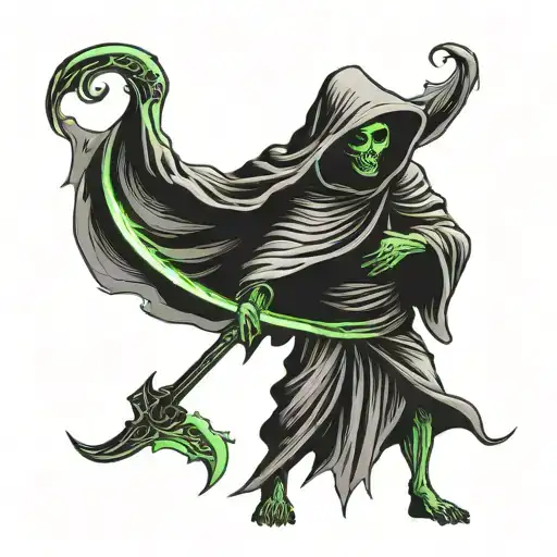 Small Black Stencil Full Body Grim Reaper With Glowing Green Eyes