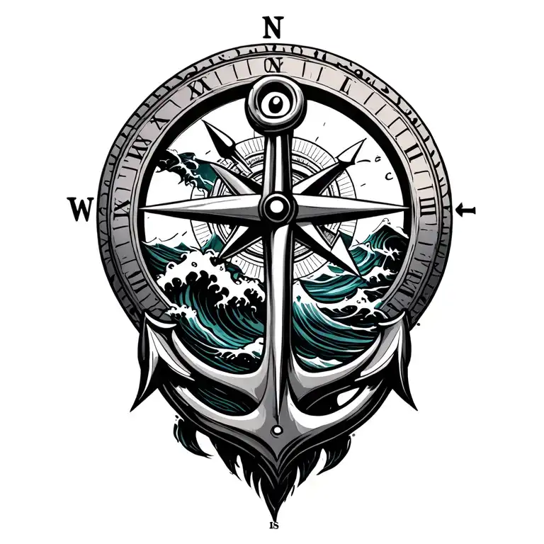 Compass With Anchor And Ocean Waves