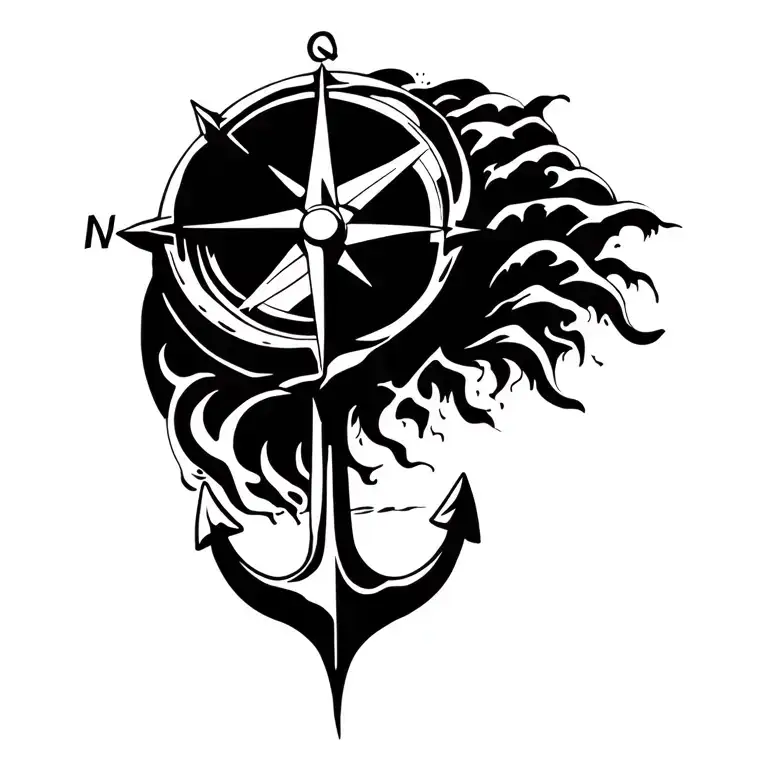 Compass With Anchor And Ocean Waves