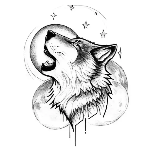 A Blackwork Tattoo Of A Wolf Howling At The Moon With Musical Notes Incorporated Into The Background