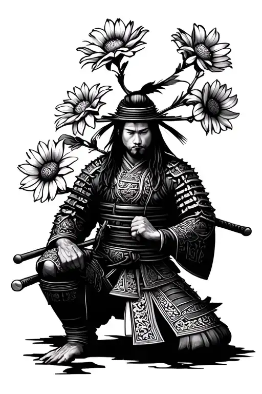 Samurai Warrior Kneeling Holding 6 Flowers