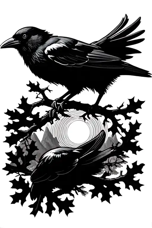 Two Crows With Oak Branches And The Sun In The Mountains