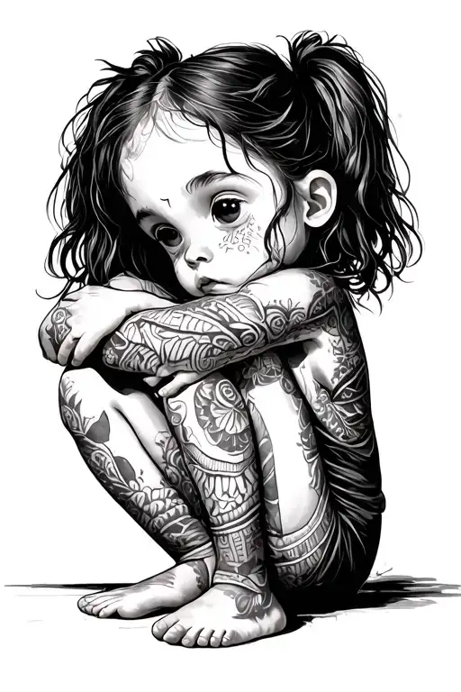 Little Girl Sitting With Arms Around Knees Looking Sadly Down With Ominous Shadows Looming Over Her