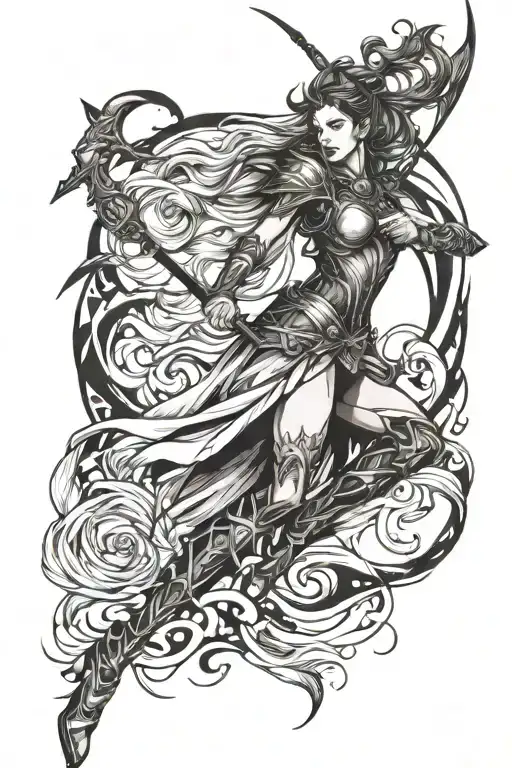 Woman Sagittarius Warrior Full Body Fire Profile