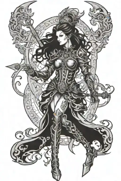 Woman Sagittarius Warrior Full Body Fire Profile Chaligraphic