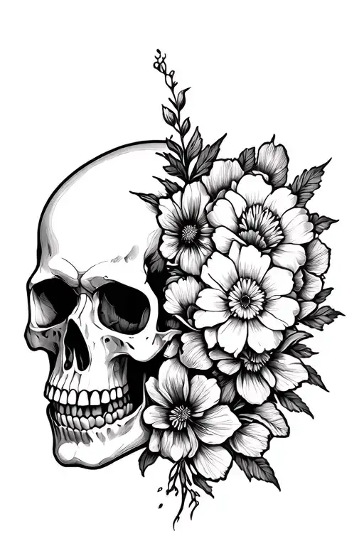 Half Skull Half Flowers Intertwined