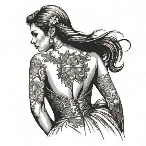 Pretty Woman In Prom Dress Standing With Her Back