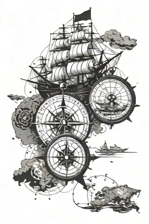 Frigate And Compass Against The Background Of A World Map