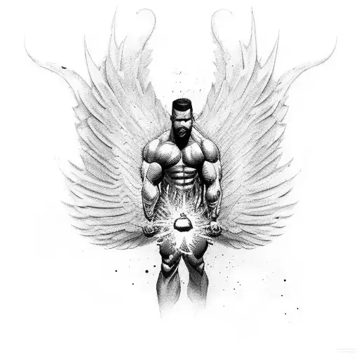 A Muscular Man Bursting Upright From Bricks With Hand Towards Heaven Exploding With Wings