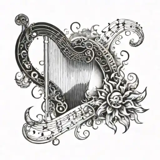 A Sun And Moon Design With A Harp And Musical Notes Intertwined