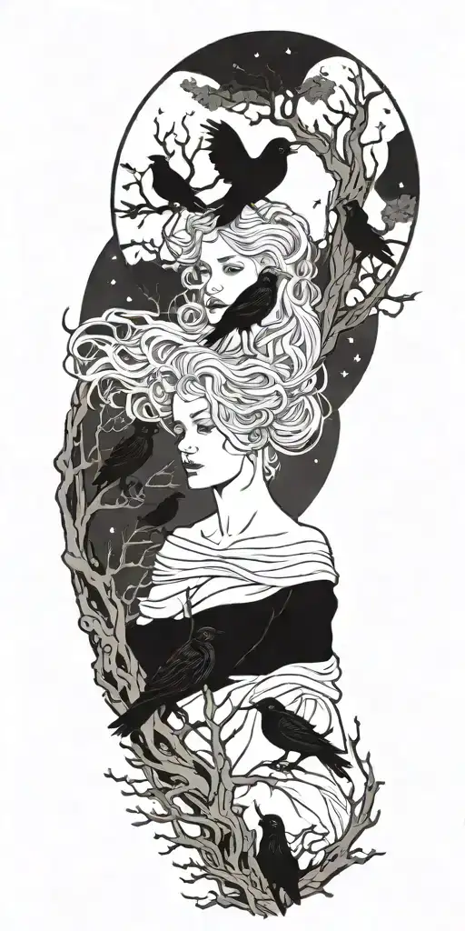 The Morrigan Irish Goddess With Crows An Old Oak Tree And Bright Moonlight