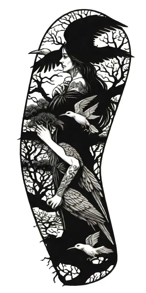 The Morrigan Irish Goddess With Crows An Old Oak Tree Growing