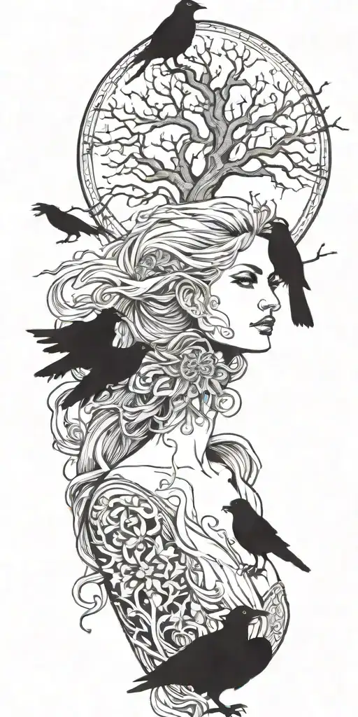 The Morrigan Irish Goddess With Crows An Old Oak Tree Growing