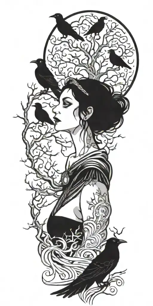The Morrigan Irish Goddess With Crows An Old Oak Tree Growing And Bright Moonlight