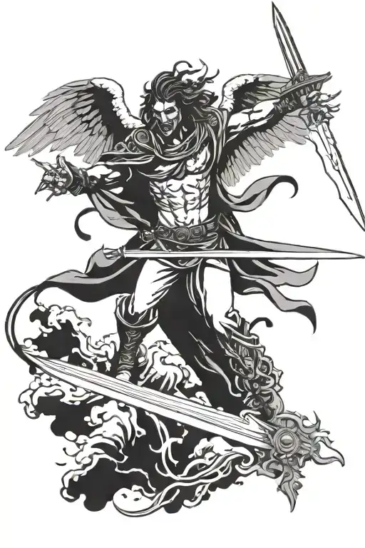 Demonic Angel Falling From Sky Holding A Sword