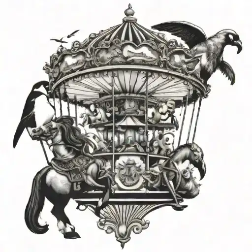 Amusement Park Carousel With Horror Movie Characters As Animals And Penguins As Riders