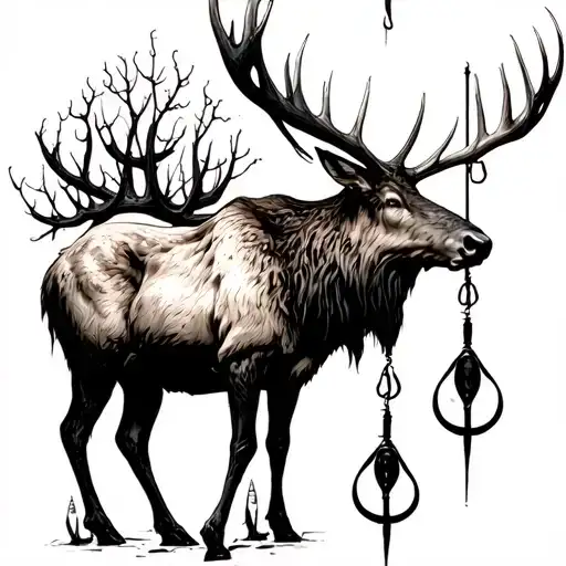 A Majestic Elk With Antlers Intertwined With Fishing Hooks