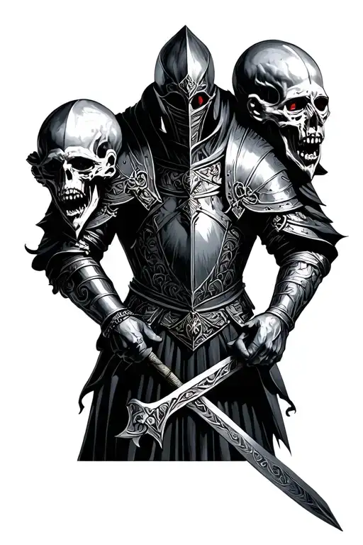 Knight Holding Three Severed Heads Looking
