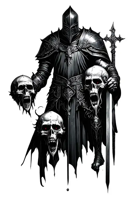 Knight Holding Three Severed Heads Looking