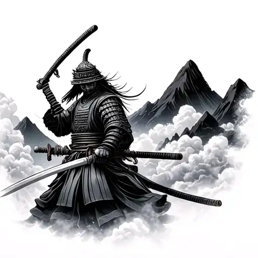 Samurai With Katana And Sword Surrounded By Clouds And Mountains