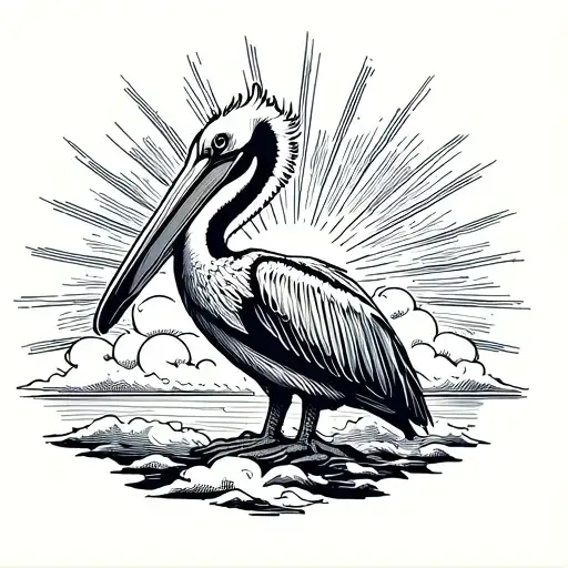 Pelican Standing With Clouds And Sunrays