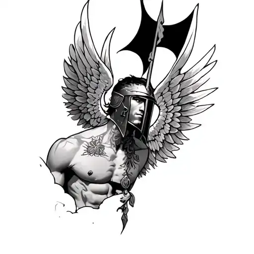 A Man With Wings And Illyrian Helmet Tattooed On His Chest