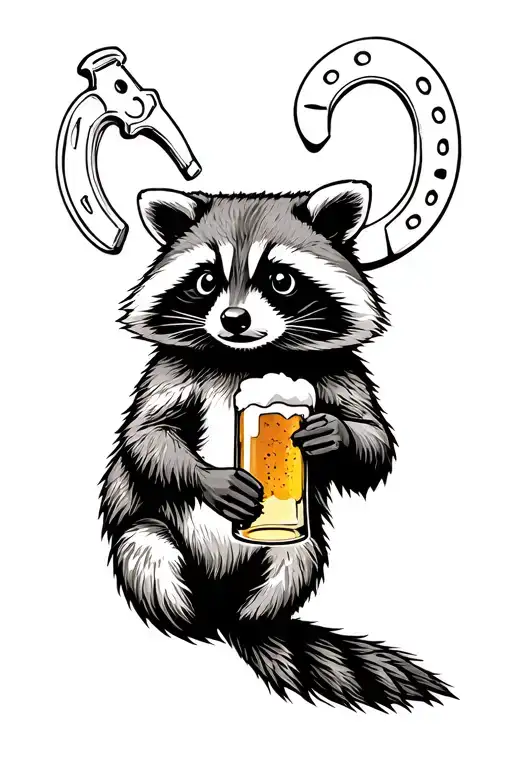 Raccoon Holding A Horseshoe And Beer