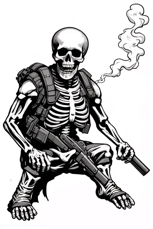 Full Skeleton In Military Gear With A Smoke In Mouth