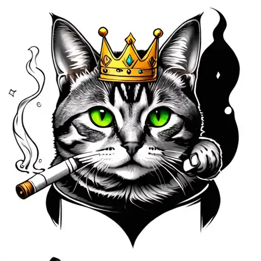 1 Tabby Cat With Green Eyes Wearing A Crown And Holding Smoking A Joint