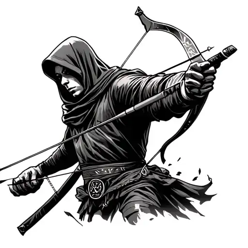Hooded Archer In The Shadows Holding Bow And Arrow At The Ready