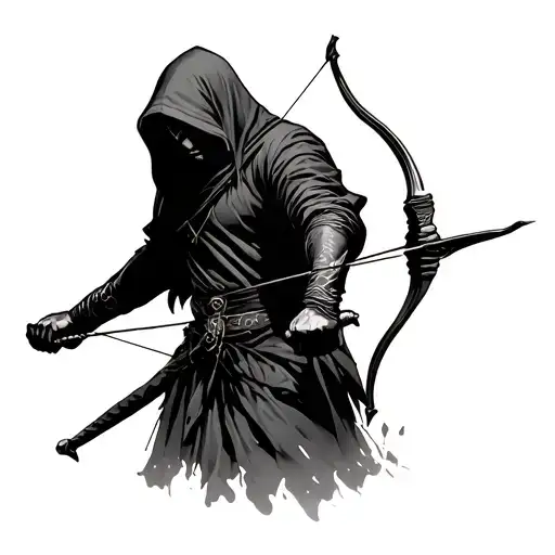Hooded Archer In The Shadows Holding Bow And Arrow At The Ready