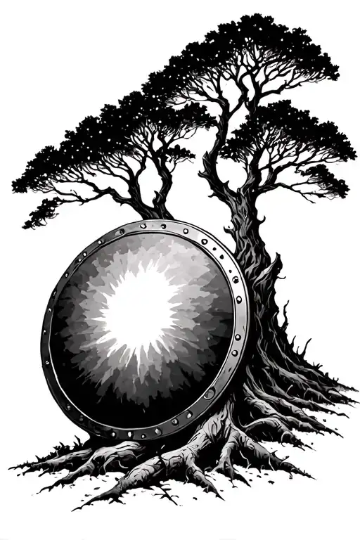 Three Trees With A Round Shield Nearby