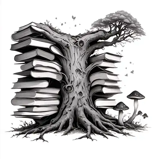 A Majestic Tree Trunk Covered In Intricate Book Spines And Mushrooms Growing At Its Base