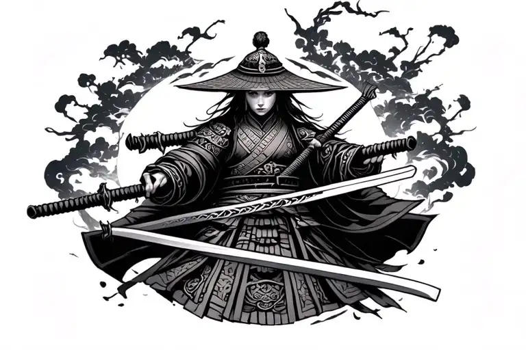 Samurai Warrior Wielding Woman Surrounded