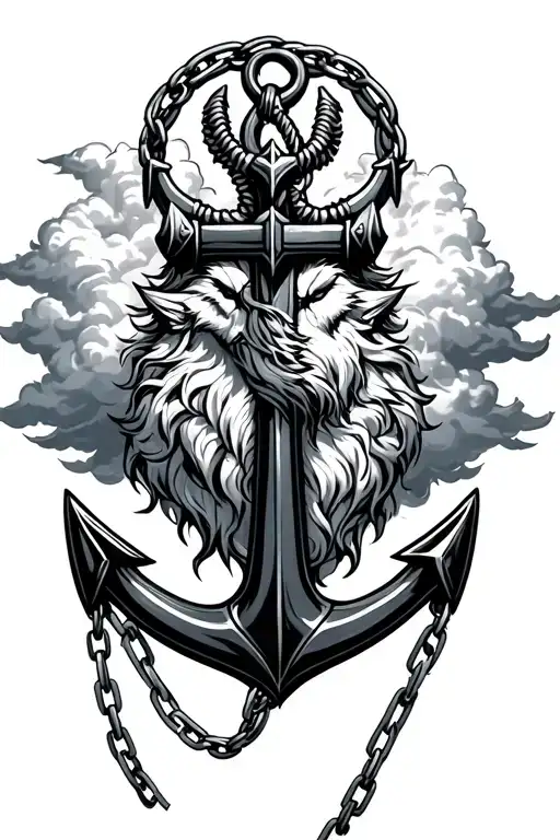Fenrir In Clouds Bound By Chains Connected To Big Viking Anchor