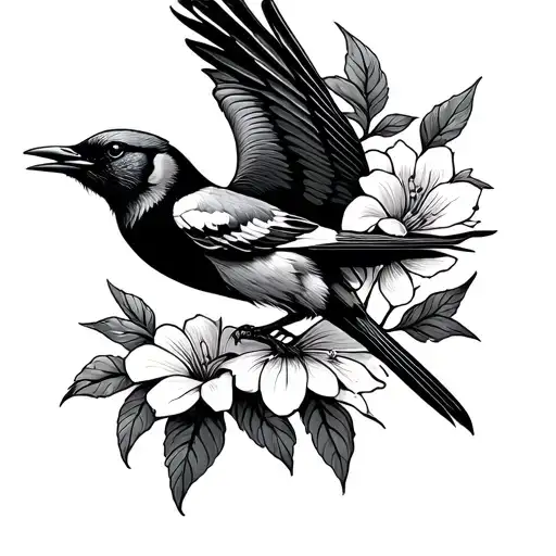 Mississippi Mocking Jay Bird Flying With Flower Blooming