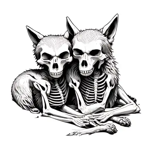 Two Skeletons Of Wolves Sleeping Together