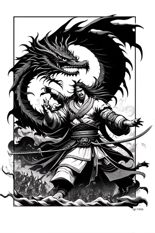 A Samurai Fighting Only Against An Army With A Dragon Leaving Him