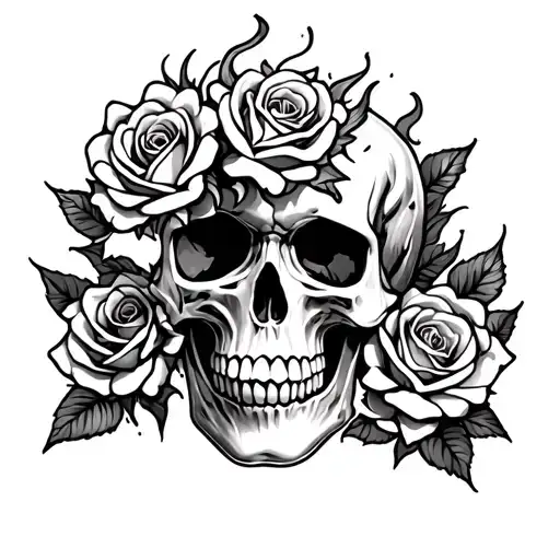 Flaming Skull With Roses