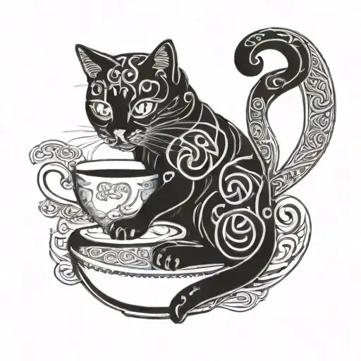 Stylized Cat With Celtic Ornament Sitting Near Cap Of Tea