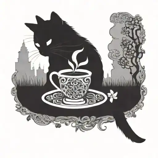 Cat With A Cup Of Tea Celtic Mandala Siluette