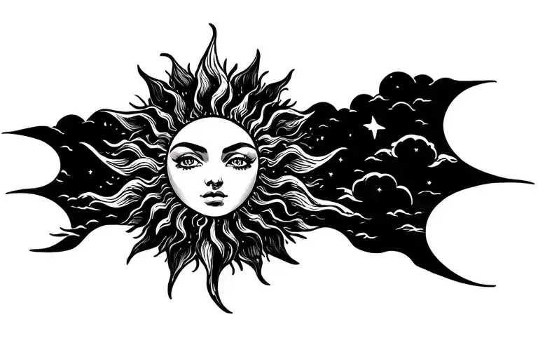 A Tattoo Of A Sun With Clouds And Stars In A Gothic Style