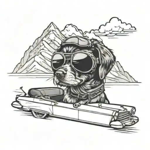 A Tattoo Of A Dog Wearing Aviator Goggles Driving A Convertible Car Through A Scenic Mountain Road